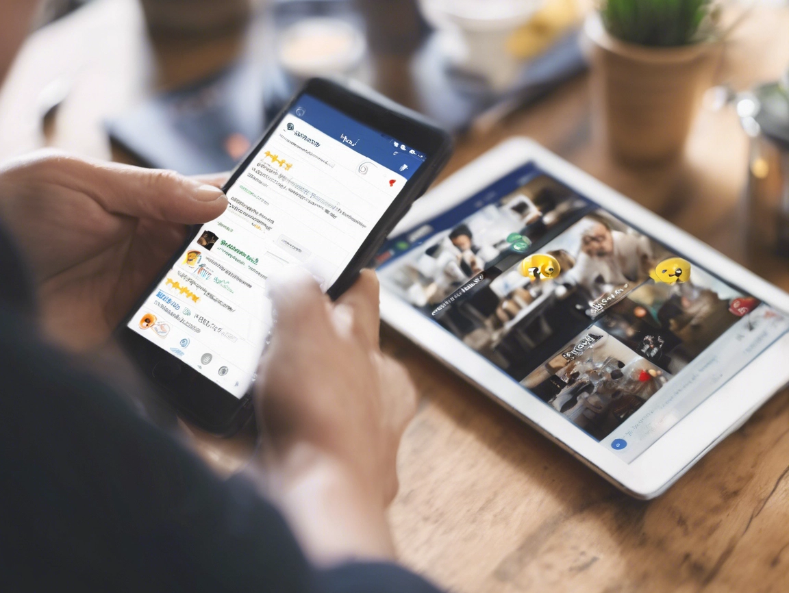 A person is holding a smartphone displaying online reviews, next to a tablet showing a video call with emoji reactions, on a wooden table. This setup highlights the impact of digital feedback for small businesses.