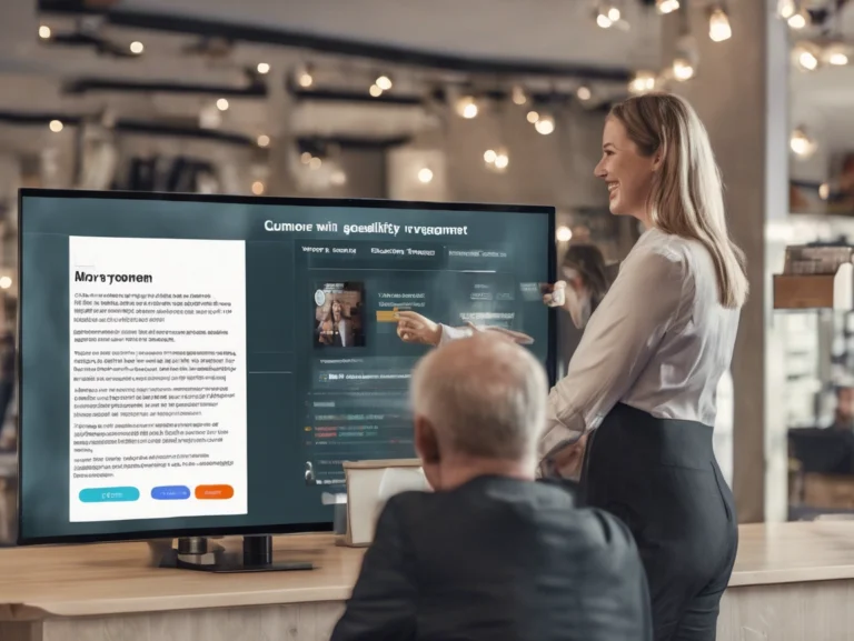 A woman presents data on a large screen to a group of people in a modern office setting, establishing trust and credibility with her seamless delivery.