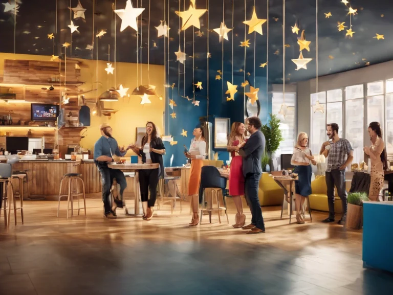 A group of people socializing in a bright, modern cafe with hanging star decorations and wood accents, enjoying their favorite Starbee drinks while discussing glowing online reviews.