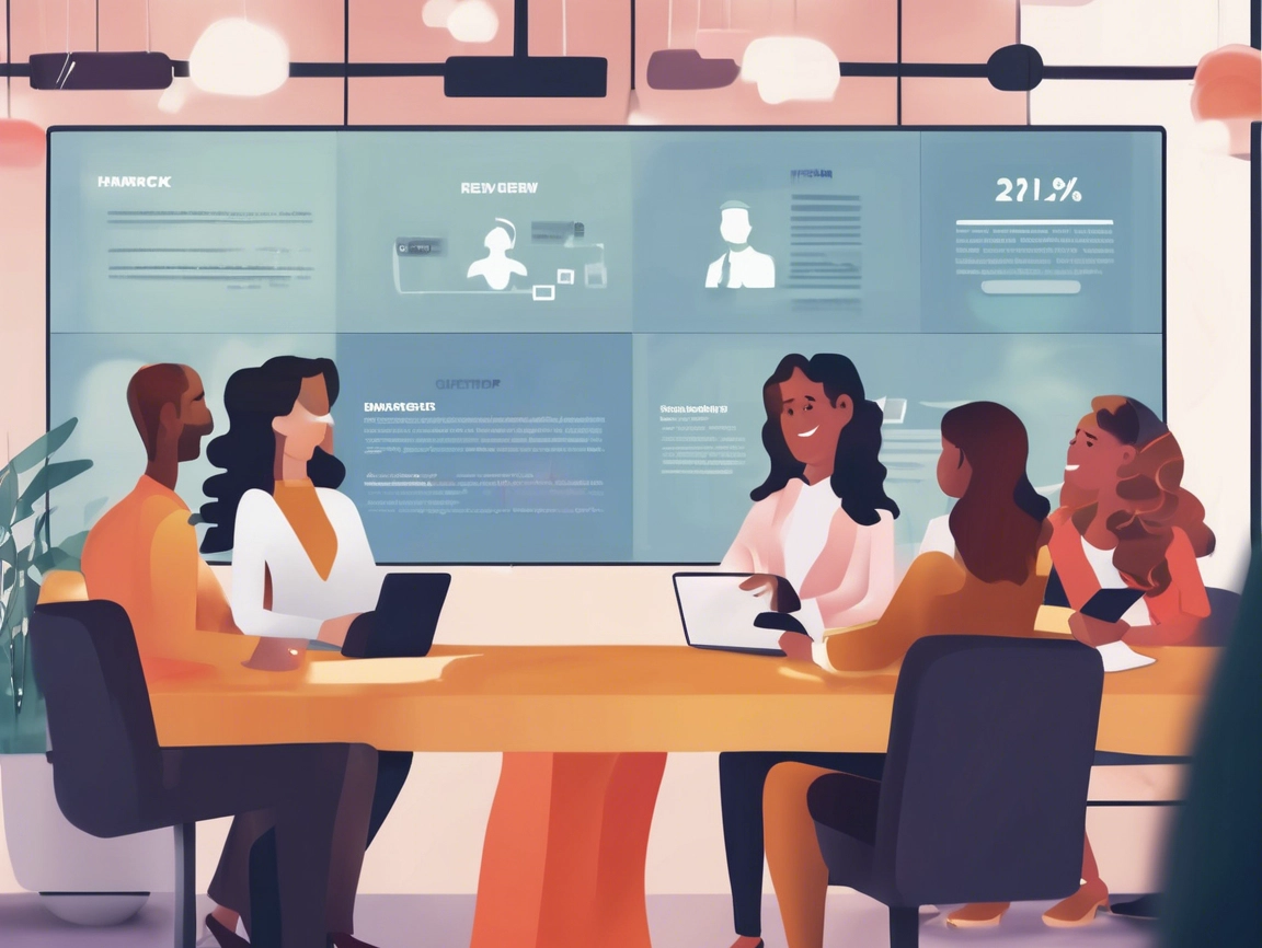 Five people are sitting at a conference table with laptops, facing a large screen displaying profiles and data, discussing effective strategies for review management.