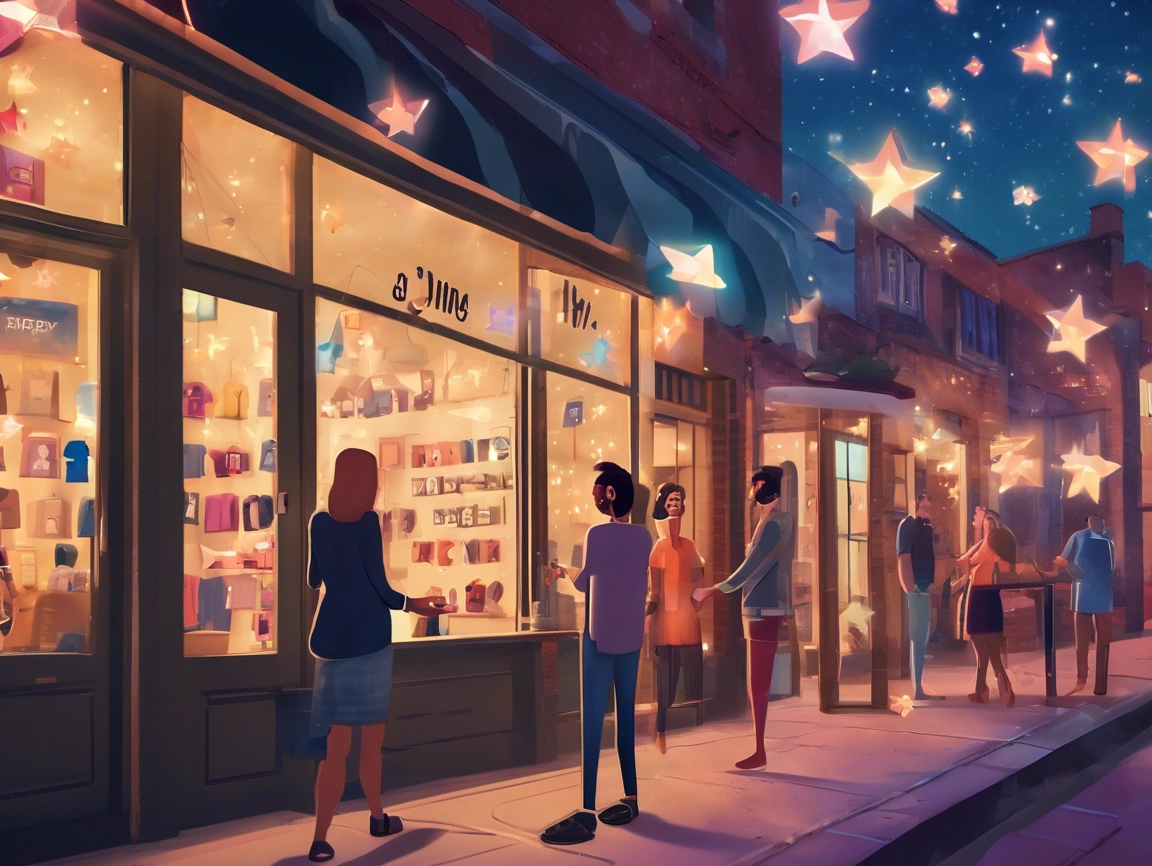 People stroll along a star-lit street lined with shops at night, where glowing stars hang above like celestial reviews. It's a scene that feels like you've unlocked the power of the universe, guided by twinkling lights as if rated highly by cosmic online reviewers.