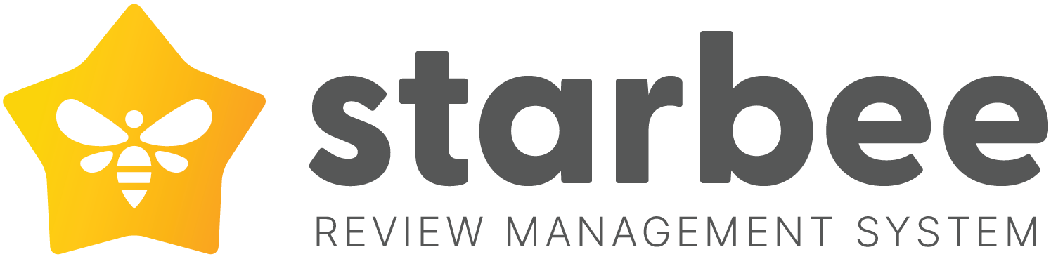 Logo for Starbee Review Management System with a yellow star featuring a white bee icon and the text "starbee" and "REVIEW MANAGEMENT SYSTEM.