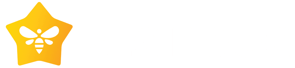 Yellow star shape with a bee inside, next to the word "starbee" in white letters, harmonizes seamlessly as an Elementor footer design.