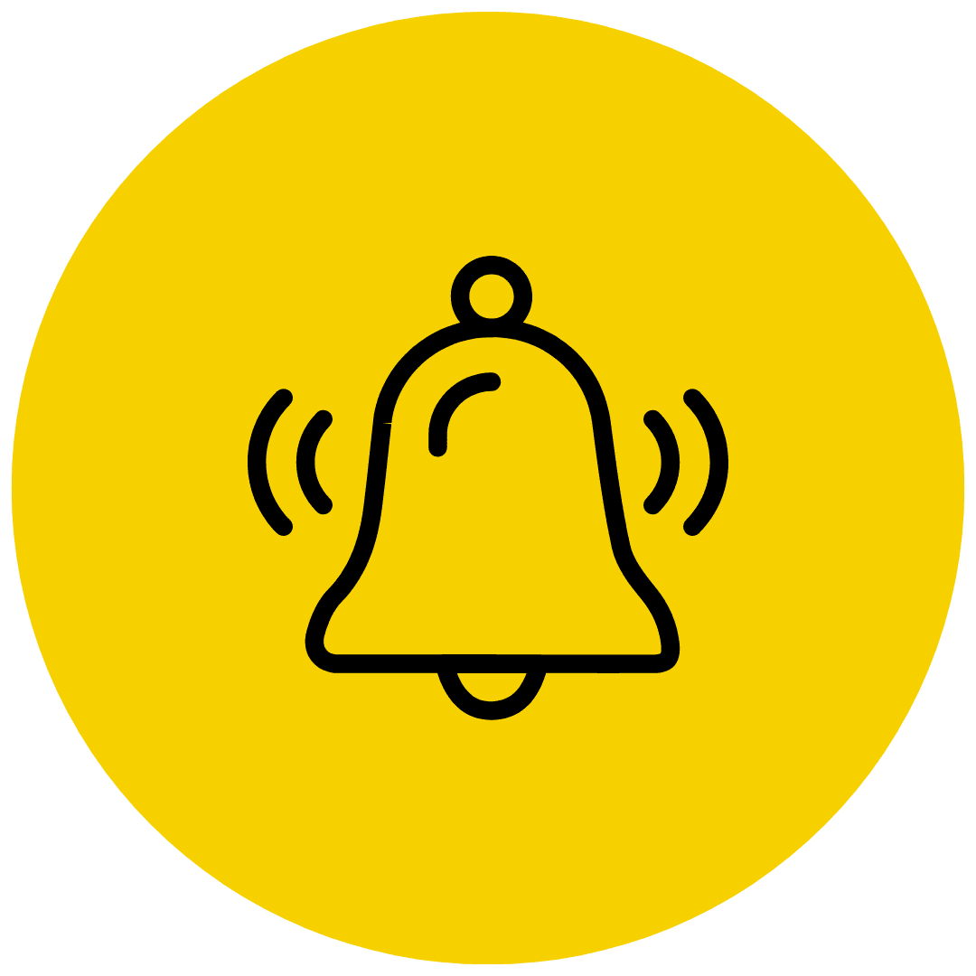 Icon of a black bell with sound waves on a yellow circle background, symbolizing the alert efficiency of our Review Management Software.
