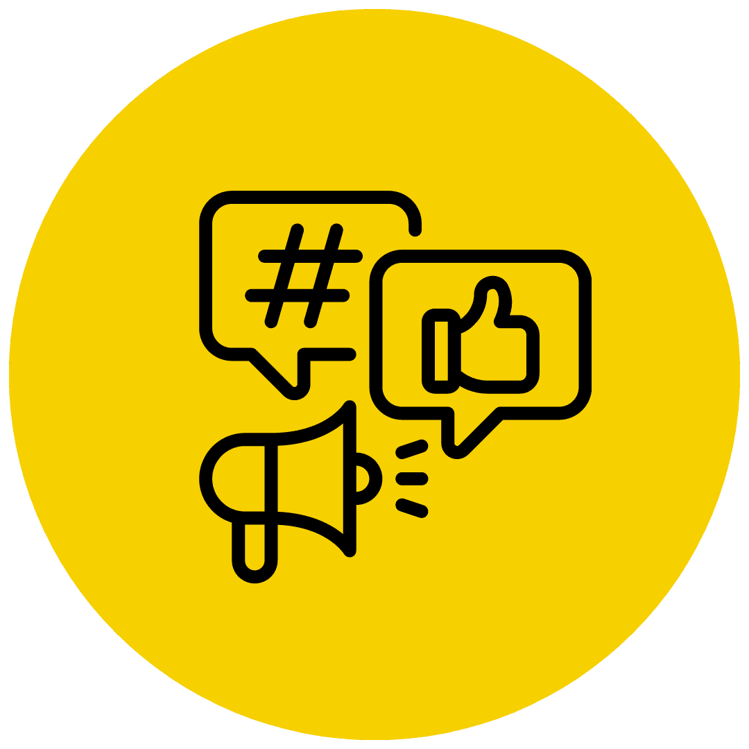 Yellow circle with a megaphone icon and speech bubbles showing a hashtag and thumbs-up symbol, representing social media engagement, seamlessly integrating with review management software for optimal feedback handling.