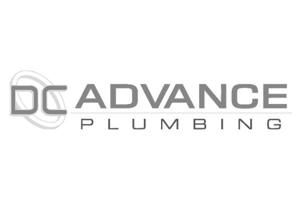 Logo for DC Advance Plumbing, featuring stylized pipe design and bold text.