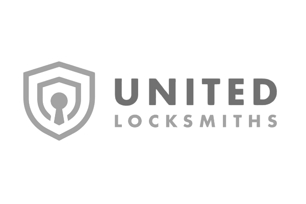 Logo of United Locksmiths featuring a shield with a keyhole design next to the company name.