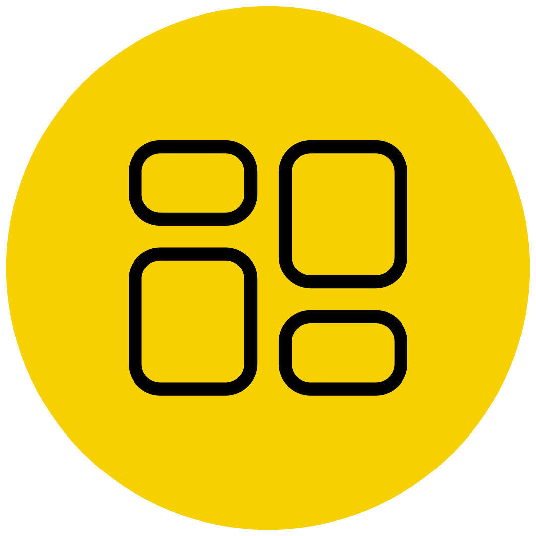 Yellow circle with a black outline of four rounded rectangles arranged in a grid pattern.