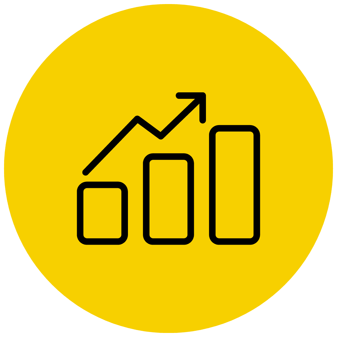 Icon of a bar chart with three bars increasing in height and an upward arrow, symbolizing growth, set against a yellow circle.
