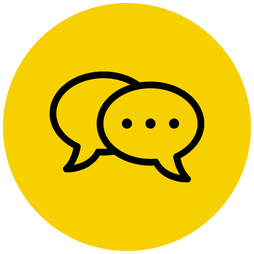Two overlapping speech bubbles with three dots inside one, on a yellow background.