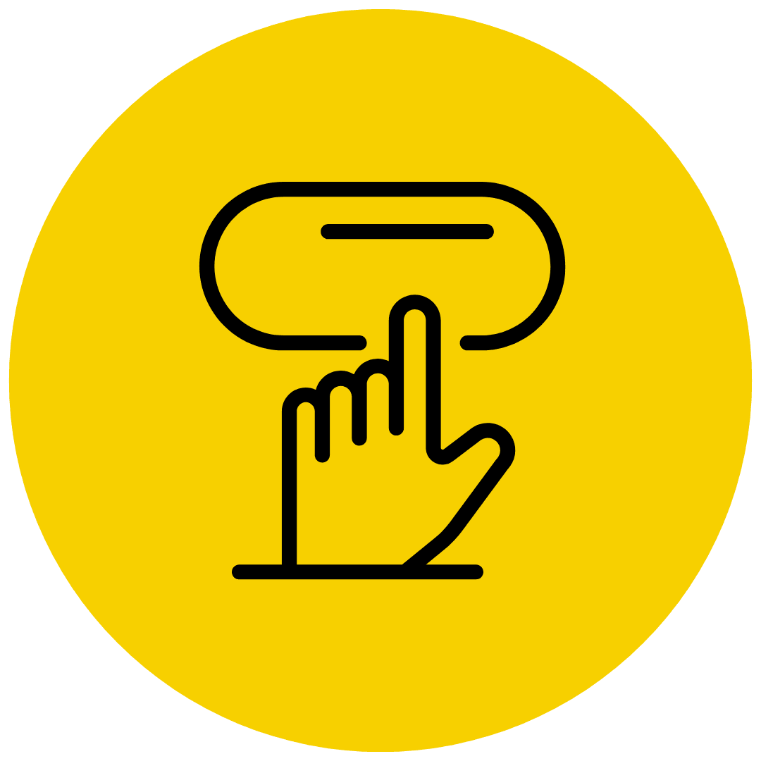A hand icon pointing at a button inside a yellow circle.