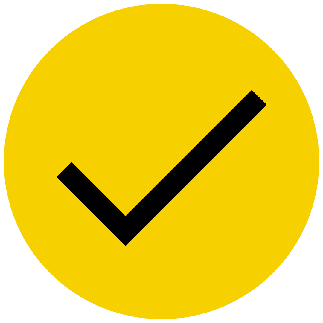 A black checkmark inside a yellow circle, symbolizing comprehensive review management software.