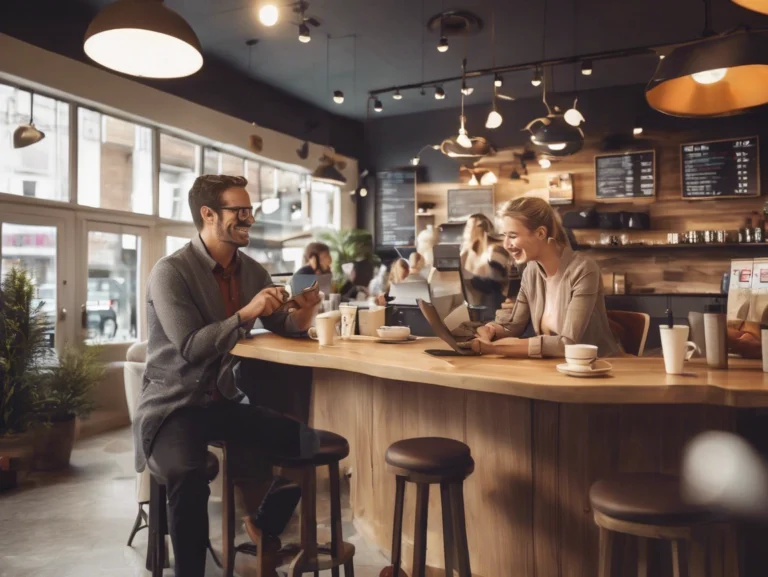 Two people sit at a coffee shop counter, each with a laptop. They are smiling and discussing customer reviews. Other patrons and staff are visible in the background, creating a lively atmosphere filled with productive energy and conversation.