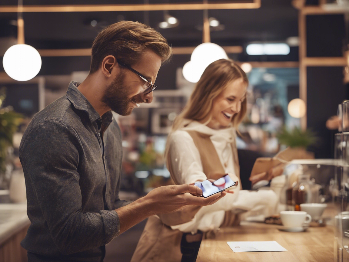 A man checks his phone at the cafe counter, perfecting the art of timing matters, as a woman smiles in the background. A coffee cup sits nearby amid the blurred cafe interior, capturing a moment where attention to detail makes all the difference.