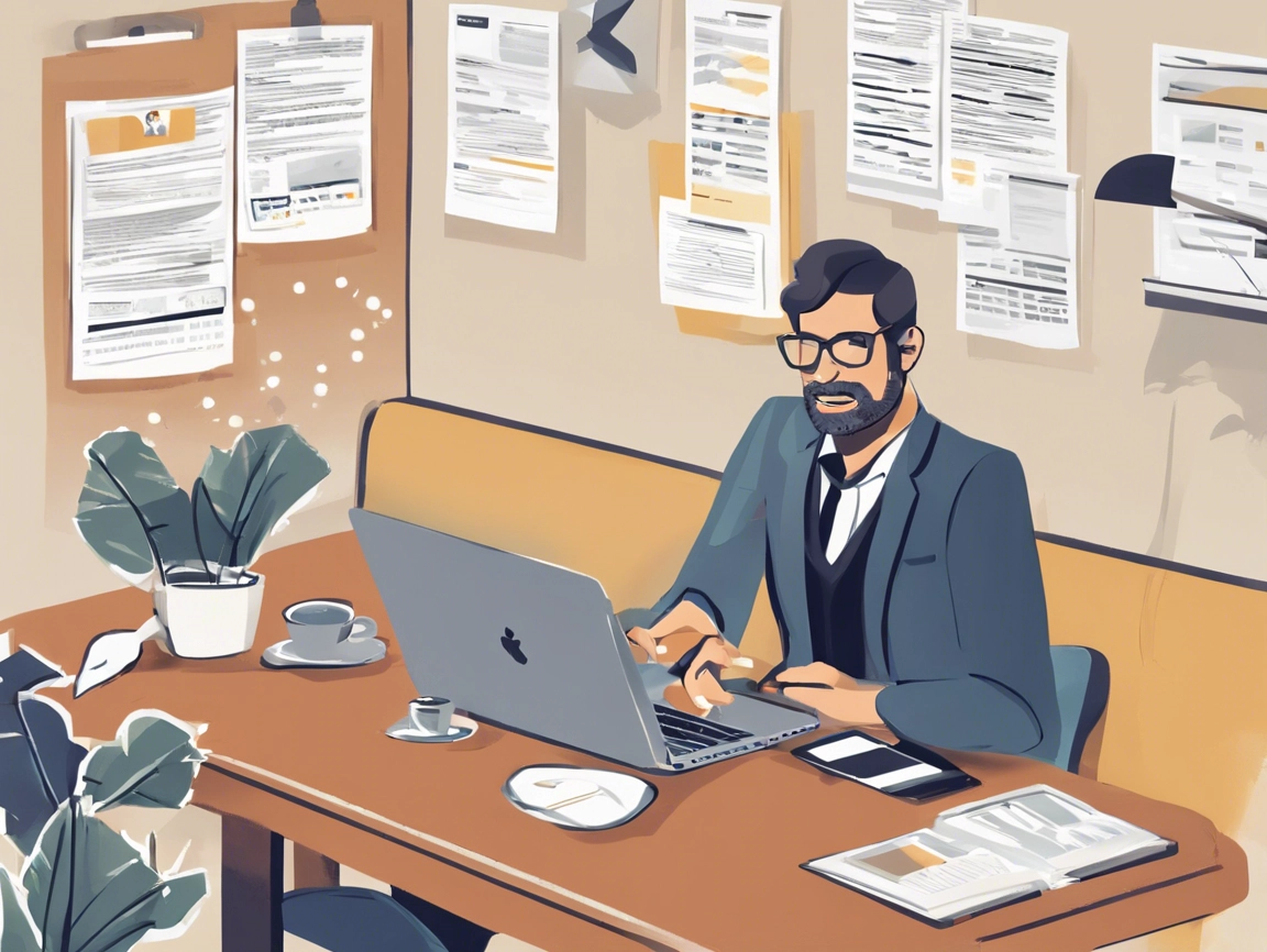 A man in a suit works on a laptop in an office, surrounded by documents challenging review management myths. A plant, coffee cup, phone, and papers are on the table as he delves into insights crucial for Australian businesses.
