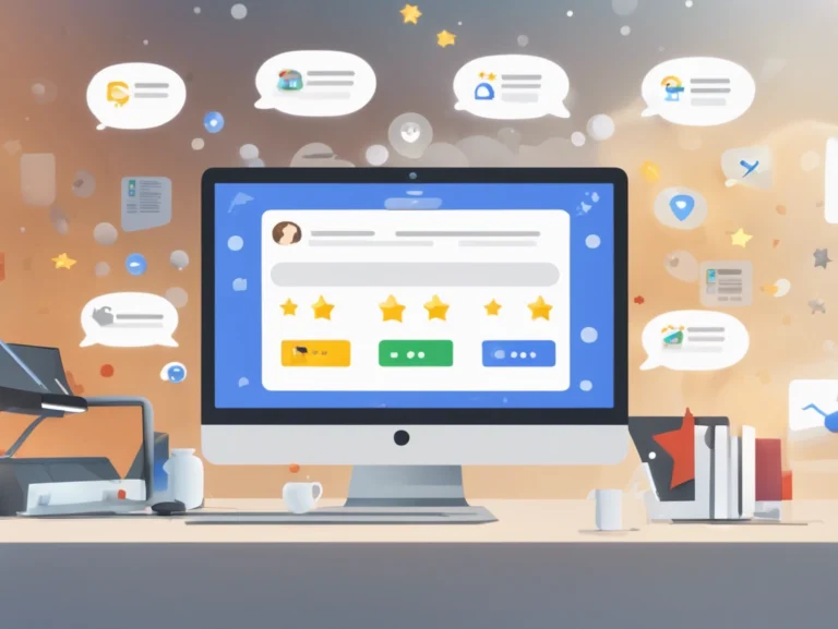 A computer screen showcases a user interface with five-star ratings, reminiscent of Google Reviews. Surrounding icons and chat bubbles indicate online interaction or feedback. In the foreground, a desk with books and a laptop invites you to monitor and optimise your review strategy.