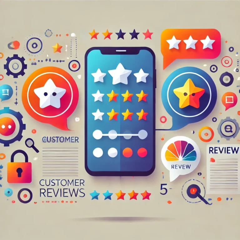 Illustration of a smartphone showcasing a customer review interface with star ratings. Surrounding are vibrant icons of stars, gears, and chat bubbles with words like "customer," "review," and "encourage.