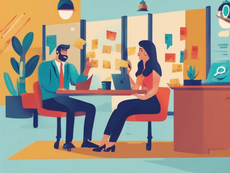 Illustration of a business owner and colleague sitting at a table in a colorful office, sticky notes adorning the wall and laptops in front of them. They're deep in discussion, perhaps analyzing hidden costs that could lead to negative reviews if overlooked.