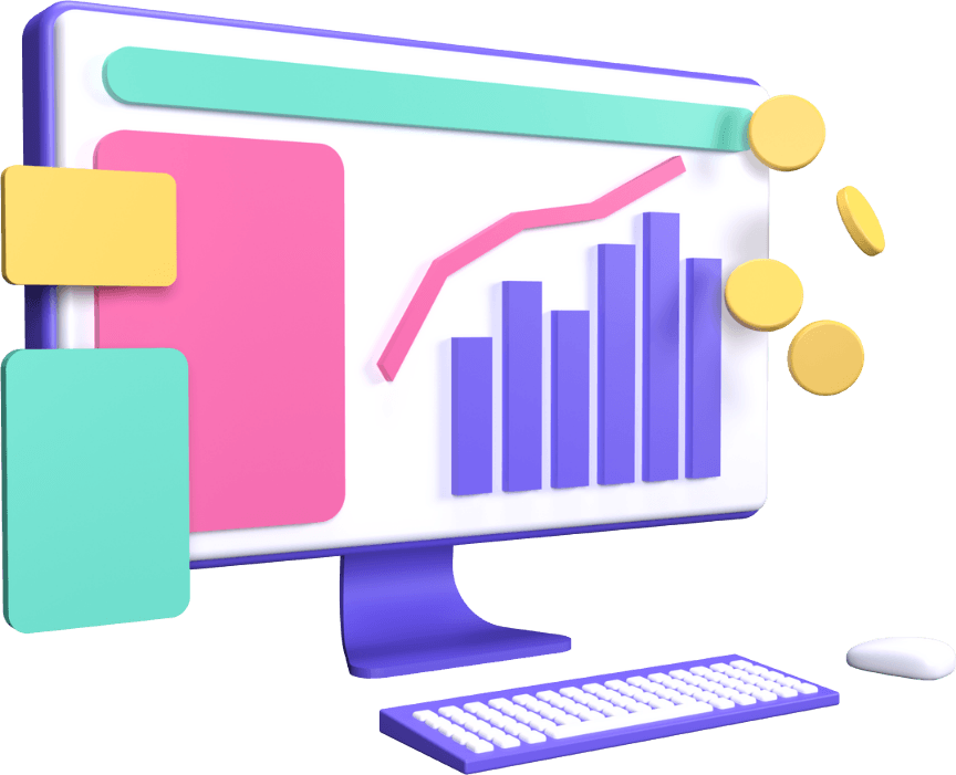 A computer monitor shows a bar graph and line chart, accompanied by colorful rectangular elements. Floating coins add a dynamic touch to this display. Below the screen, a keyboard and mouse complete the setup for users to seamlessly review monitoring tools in action.