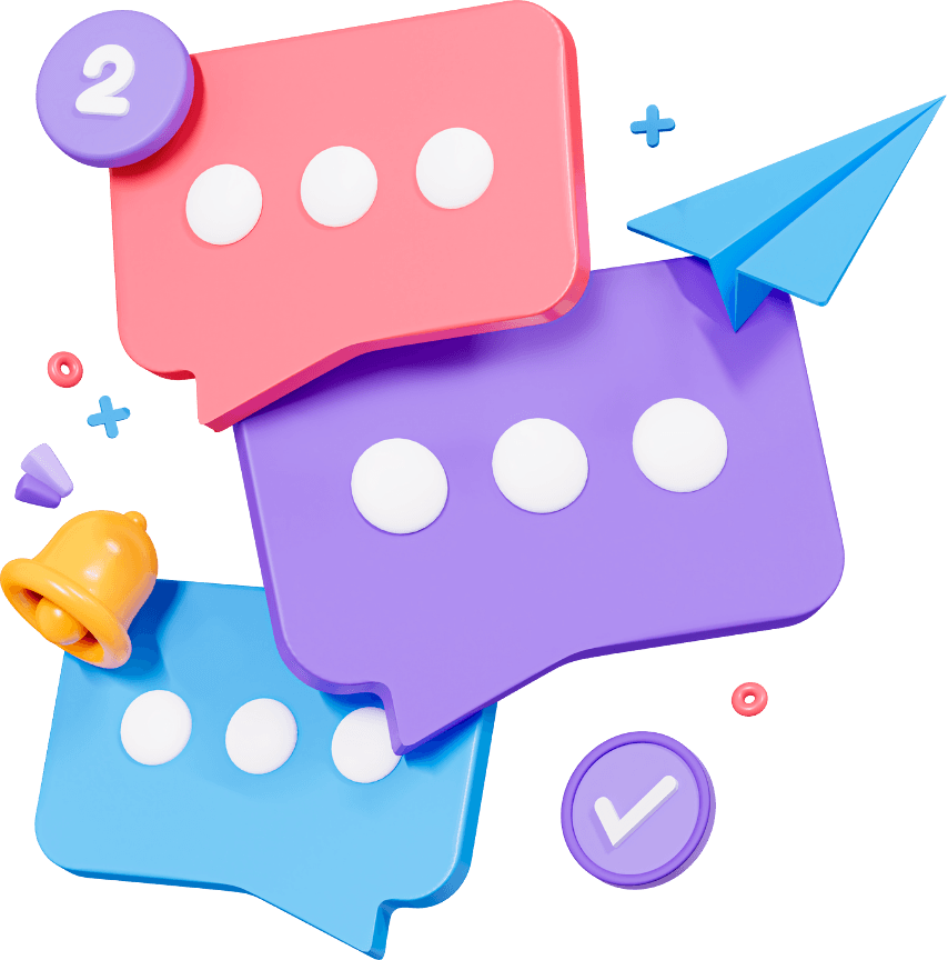 Colorful chat bubbles with ellipses, a paper airplane, bell, and check mark symbolize communication and notifications, enhanced by review monitoring tools that ensure every message is tracked.