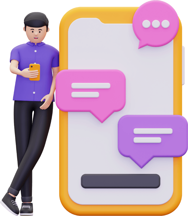 Illustration of a person leaning on a large smartphone, holding a phone with speech bubbles above both devices, symbolizing communication and the use of review monitoring tools.