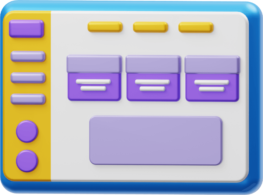 Illustration of a web interface layout featuring a sidebar with integrated review monitoring tools, three top buttons, three purple card icons, and a larger purple rectangle on a white background.