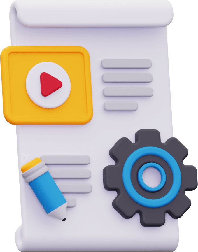 Illustration of a document with a play button icon, gray gear, and a blue pencil on a white background, symbolizing the efficient use of review monitoring tools.